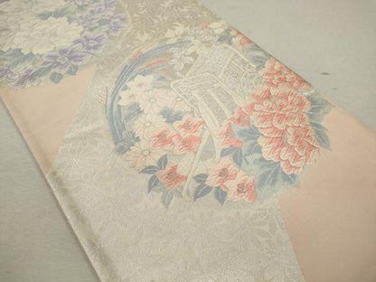 平和屋着物◎六通柄袋帯 唐織 御所車草花丸文 銀糸 正絹 逸品 CABF2803ze