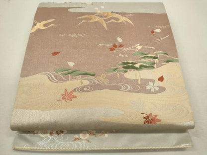 平和屋着物◎六通柄袋帯 みかげ綿 鶴に松林文 金銀糸 正絹 逸品 CABF2806ze
