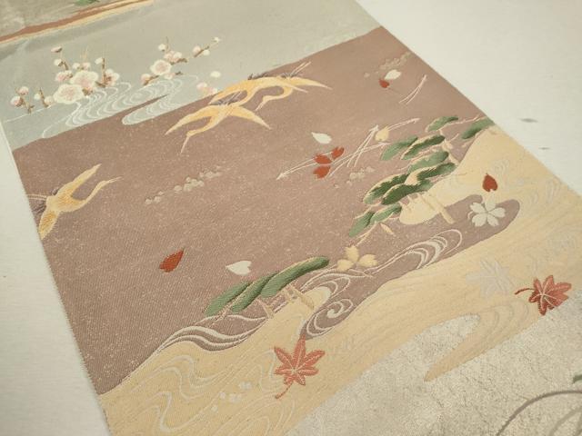 平和屋着物◎六通柄袋帯 みかげ綿 鶴に松林文 金銀糸 正絹 逸品 CABF2806ze
