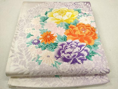 平和屋着物◎六通柄袋帯 唐織 草花文 銀糸 正絹 逸品 CABF2814ze