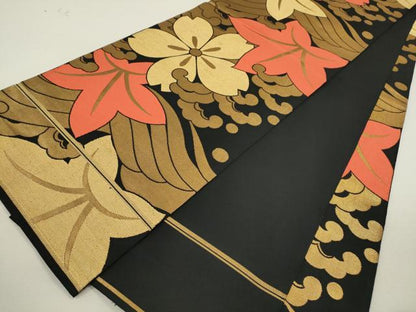 平和屋着物◎全通柄　本袋帯　立波草花文　黒地　正絹　逸品　CABF2815ze