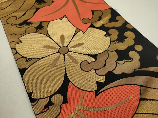 平和屋着物◎全通柄　本袋帯　立波草花文　黒地　正絹　逸品　CABF2815ze