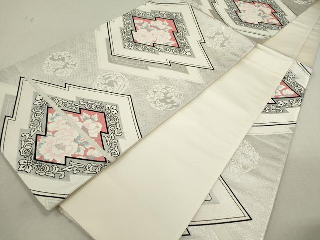 平和屋着物◎六通柄袋帯 唐織 松皮菱草花文 銀糸 正絹 逸品 未使用 CABF2835ze