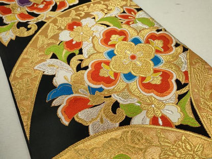 平和屋着物◎六通柄袋帯 唐織 更紗花唐草文 黒地 金銀糸 正絹 逸品 CABF2836ze
