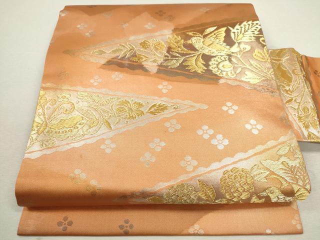 平和屋着物◎九寸名古屋帯 休み鳥舞蝶更紗花文 金糸 正絹 逸品 CABF2842ze