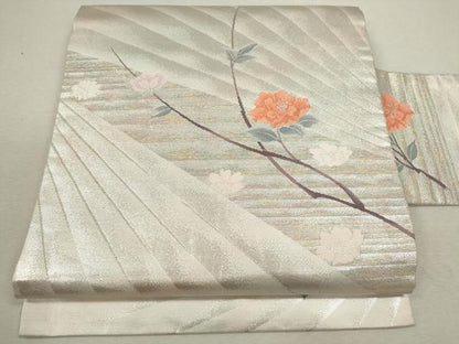 平和屋着物◎九寸名古屋帯 枝花文 銀糸 正絹 逸品 CABF2844ze