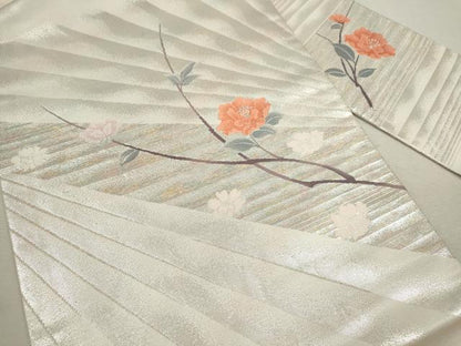 平和屋着物◎九寸名古屋帯 枝花文 銀糸 正絹 逸品 CABF2844ze