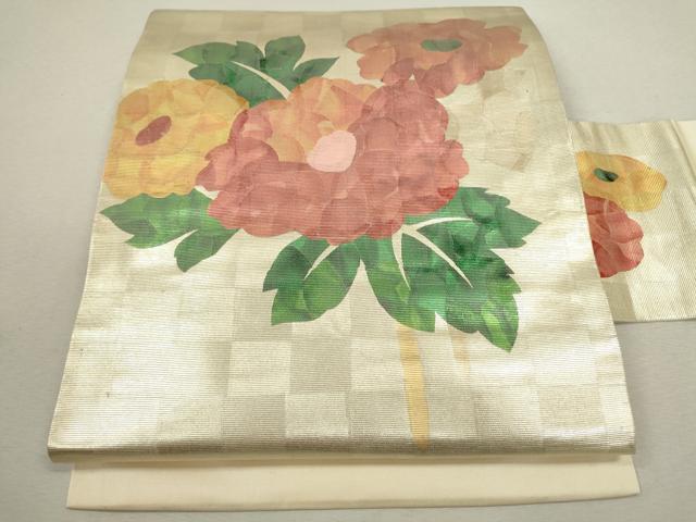 平和屋着物◎九寸名古屋帯　枝花文　金糸　正絹　逸品　CABF2855ze