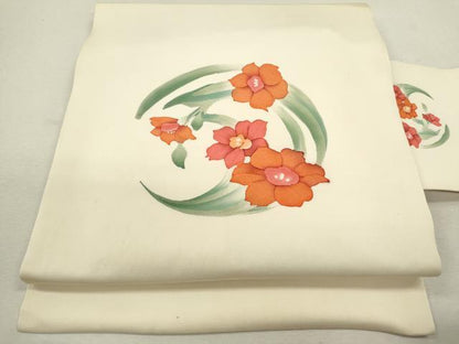 平和屋着物◎九寸名古屋帯 地紋起こし 草花丸文 正絹 逸品 CABF2865ze
