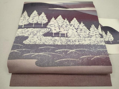 平和屋着物◎九寸名古屋帯 手描き 紬地 霞遠山風景文 正絹 逸品 CABF2867ze