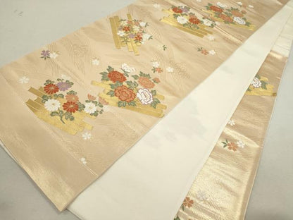 平和屋着物◎西陣 六通柄袋帯 唐織 花筏 金糸 証紙付き 正絹 逸品 未仕立て CABF2873ze