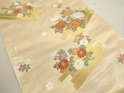 平和屋着物◎西陣 六通柄袋帯 唐織 花筏 金糸 証紙付き 正絹 逸品 未仕立て CABF2873ze