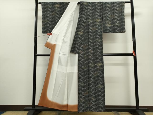 平和屋着物■小紋 流水文 黒地 洗える着物 CABF2913ze