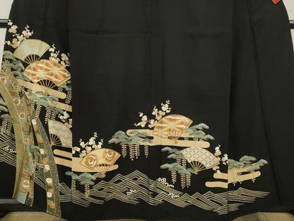 平和屋着物■豪華黒留袖　駒刺繍　扇面飛鶴吉祥花文　金彩　正絹　逸品　CABF2931ze
