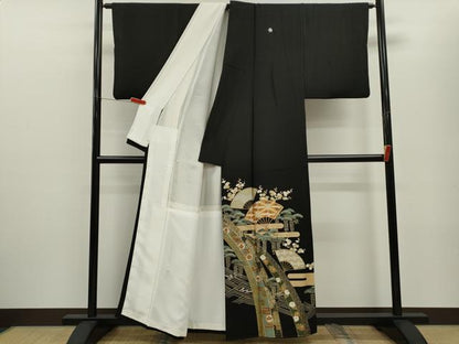 平和屋着物■豪華黒留袖　駒刺繍　扇面飛鶴吉祥花文　金彩　正絹　逸品　CABF2931ze