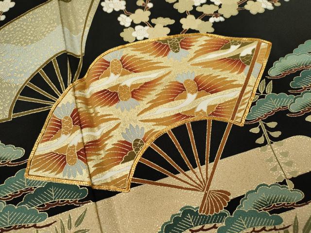 平和屋着物■豪華黒留袖　駒刺繍　扇面飛鶴吉祥花文　金彩　正絹　逸品　CABF2931ze