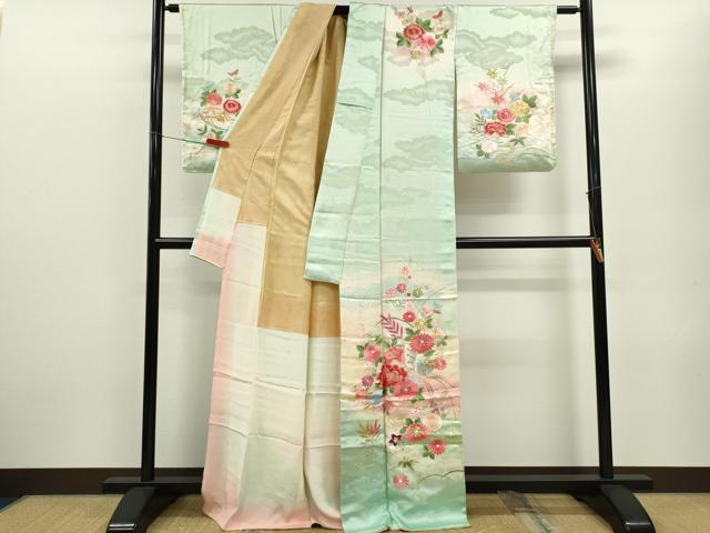 平和屋着物■訪問着　総刺繍　舞蝶草花文　暈し染め　金銀糸　正絹　逸品　CABF2936ze