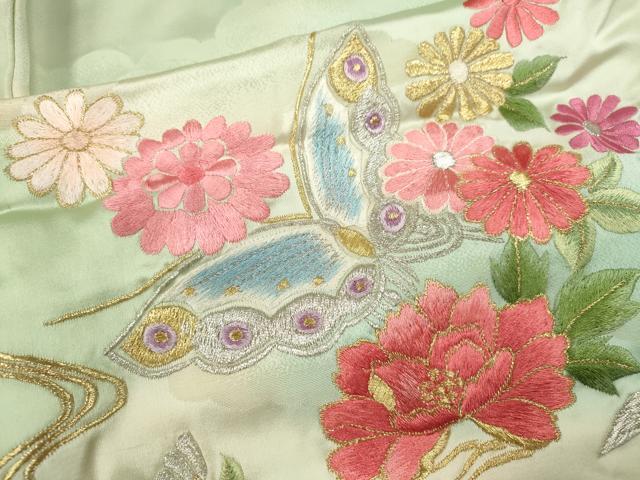 平和屋着物■訪問着　総刺繍　舞蝶草花文　暈し染め　金銀糸　正絹　逸品　CABF2936ze