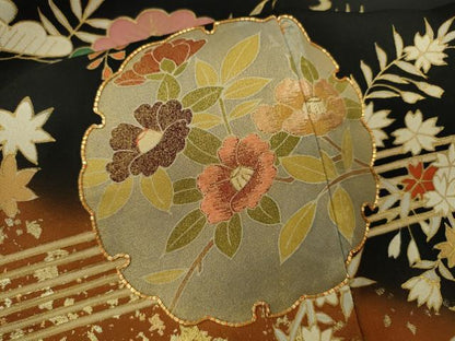 平和屋着物■豪華黒留袖　駒刺繍　雪輪重ね草花文　暈し染め　金彩　正絹　逸品　CABF2937ze