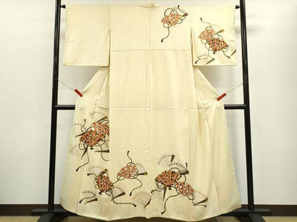 平和屋着物■訪問着　駒刺繍　檜扇吉祥花文　金彩　正絹　逸品　CABF2947ze