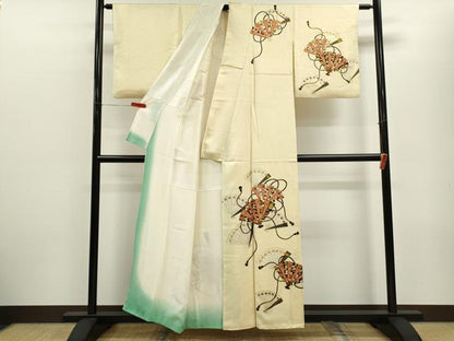 平和屋着物■訪問着　駒刺繍　檜扇吉祥花文　金彩　正絹　逸品　CABF2947ze