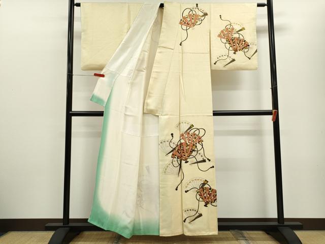 平和屋着物■訪問着　駒刺繍　檜扇吉祥花文　金彩　正絹　逸品　CABF2947ze