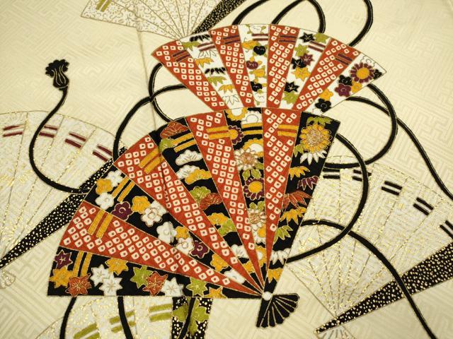 平和屋着物■訪問着　駒刺繍　檜扇吉祥花文　金彩　正絹　逸品　CABF2947ze
