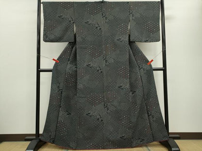 平和屋着物■小紋　切嵌吉祥草花文　黒地　洗える着物　CABF2961ze