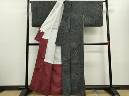 平和屋着物■小紋　切嵌吉祥草花文　黒地　洗える着物　CABF2961ze