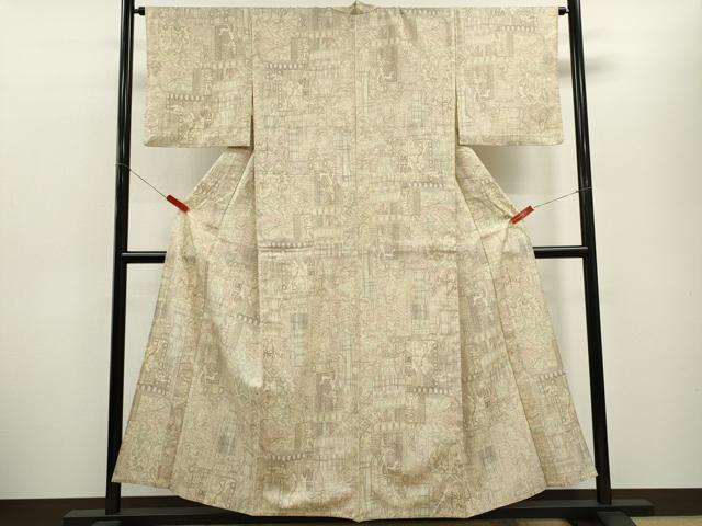 平和屋着物▽本場染大島紬　単衣　人物壁画文様　正絹　逸品　CABF2969ze