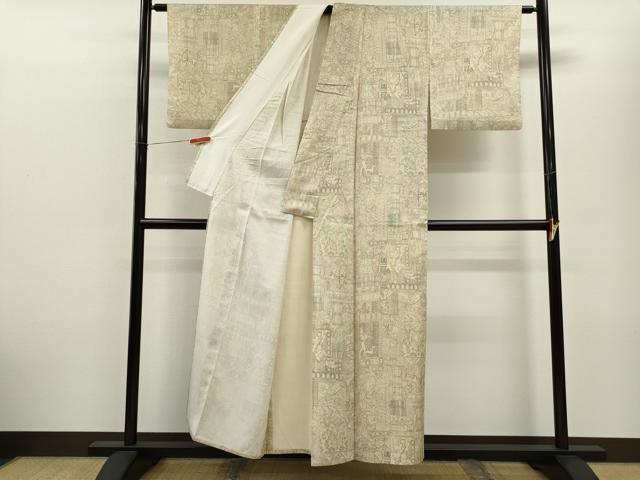 平和屋着物▽本場染大島紬　単衣　人物壁画文様　正絹　逸品　CABF2969ze