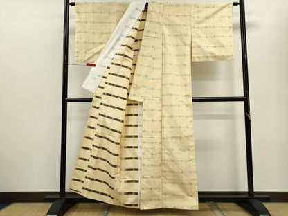 平和屋着物▽上質な紬　単衣　井桁絣　正絹　逸品　CABF2973ze