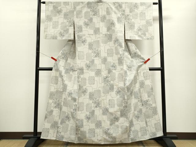 平和屋着物▽上質な紬　単衣　色紙重ね吉祥草花文　正絹　逸品　CABF2974ze