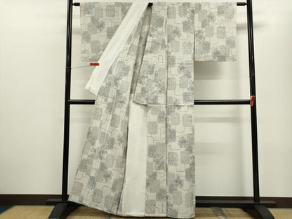 平和屋着物▽上質な紬　単衣　色紙重ね吉祥草花文　正絹　逸品　CABF2974ze