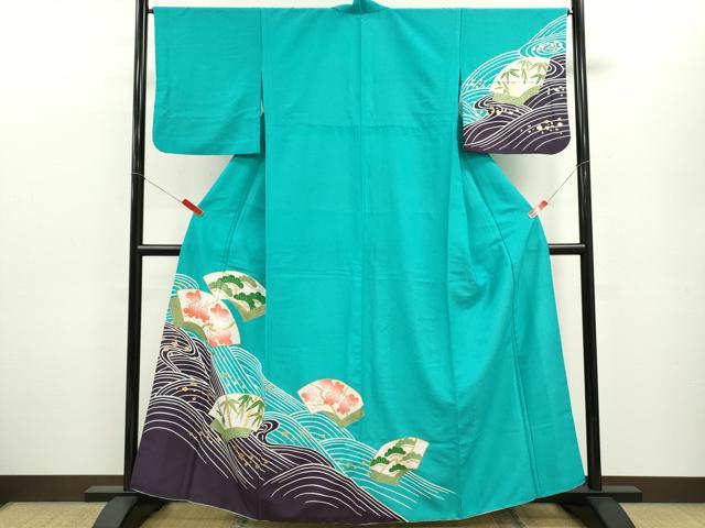 平和屋着物▽訪問着　単衣　地紙重ね松竹梅　金彩　洗える着物　CABF2976ze