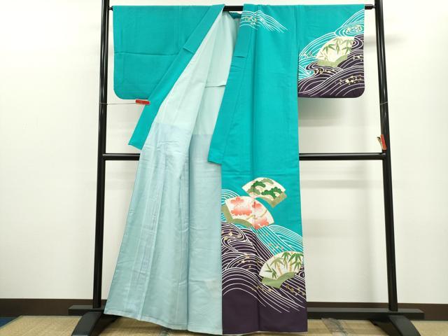 平和屋着物▽訪問着　単衣　地紙重ね松竹梅　金彩　洗える着物　CABF2976ze