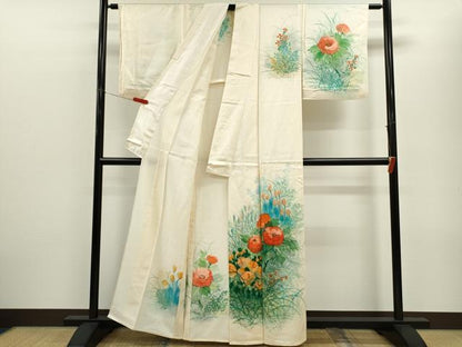 平和屋着物▽訪問着　単衣　手描き　草花文　暈し染め　正絹　逸品　CABF2989ze