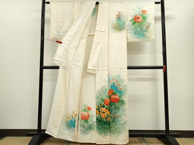 平和屋着物▽訪問着　単衣　手描き　草花文　暈し染め　正絹　逸品　CABF2989ze