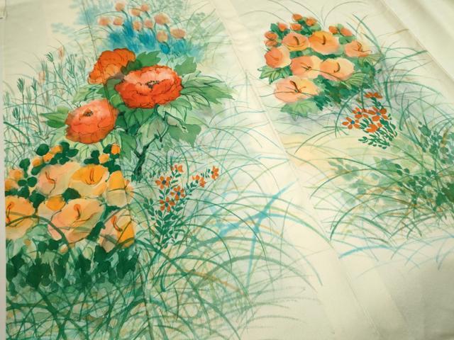 平和屋着物▽訪問着　単衣　手描き　草花文　暈し染め　正絹　逸品　CABF2989ze