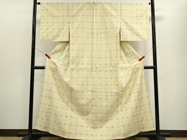 平和屋着物▽上質な紬　単衣　格子花文　正絹　逸品　CABF2992ze