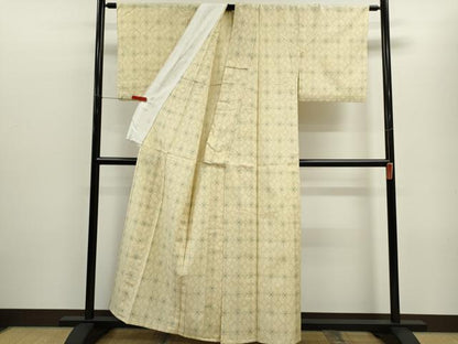 平和屋着物▽上質な紬　単衣　格子花文　正絹　逸品　CABF2992ze