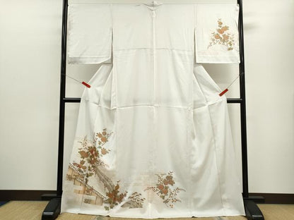 平和屋着物▽訪問着　単衣　渡橋籬草花文　暈し染め　金彩　正絹　逸品　未使用　CABF2994ze