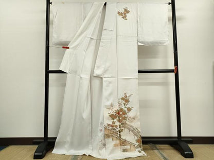 平和屋着物▽訪問着　単衣　渡橋籬草花文　暈し染め　金彩　正絹　逸品　未使用　CABF2994ze