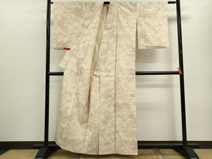 平和屋着物▽結城紬　単衣　100亀甲　風景草花文　正絹　逸品　CABF2998ze