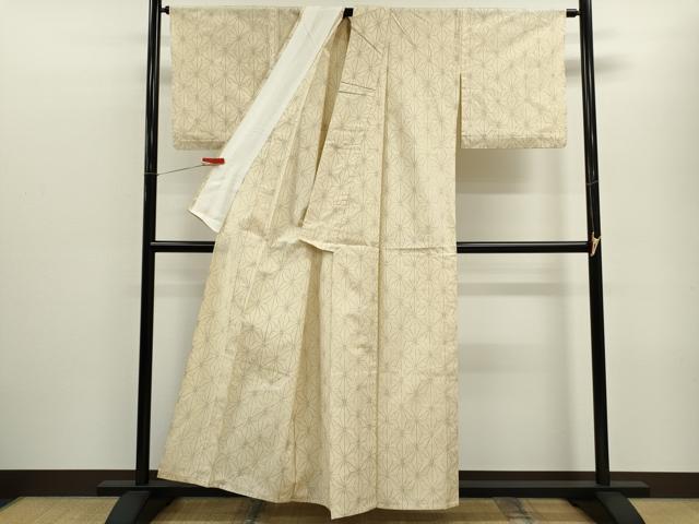 平和屋着物▽上質な紬　単衣　麻の葉文様　正絹　逸品　CABF3004ze