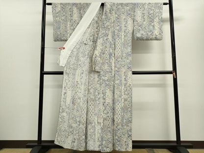 平和屋着物▽上質な小紋　単衣　吉祥草花間道　鬼しぼ縮緬　正絹　逸品　CABF3005ze