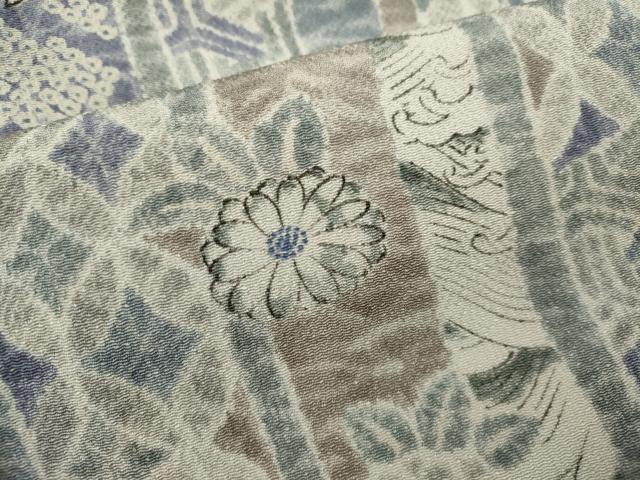 平和屋着物▽上質な小紋　単衣　吉祥草花間道　鬼しぼ縮緬　正絹　逸品　CABF3005ze