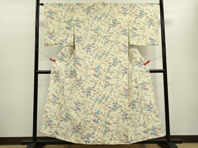 平和屋着物▽上質な小紋　単衣　枝花文　正絹　逸品　CABF3015ze