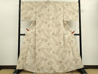 平和屋着物▽上質な紬　単衣　100亀甲　亀甲吉祥花文　正絹　逸品　CABF3017ze