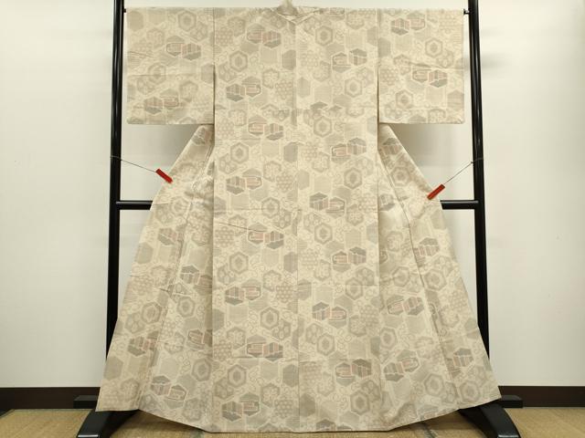 平和屋着物▽上質な紬　単衣　100亀甲　亀甲吉祥花文　正絹　逸品　CABF3017ze